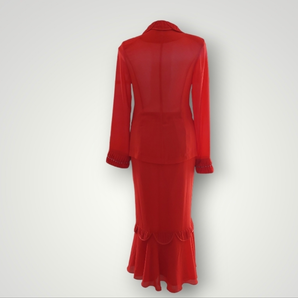 Tally Taylor Red 3 Piece Skirt Suit Embellished Jacket & Flair Skirt Detail Sz 8 - Picture 6 of 12